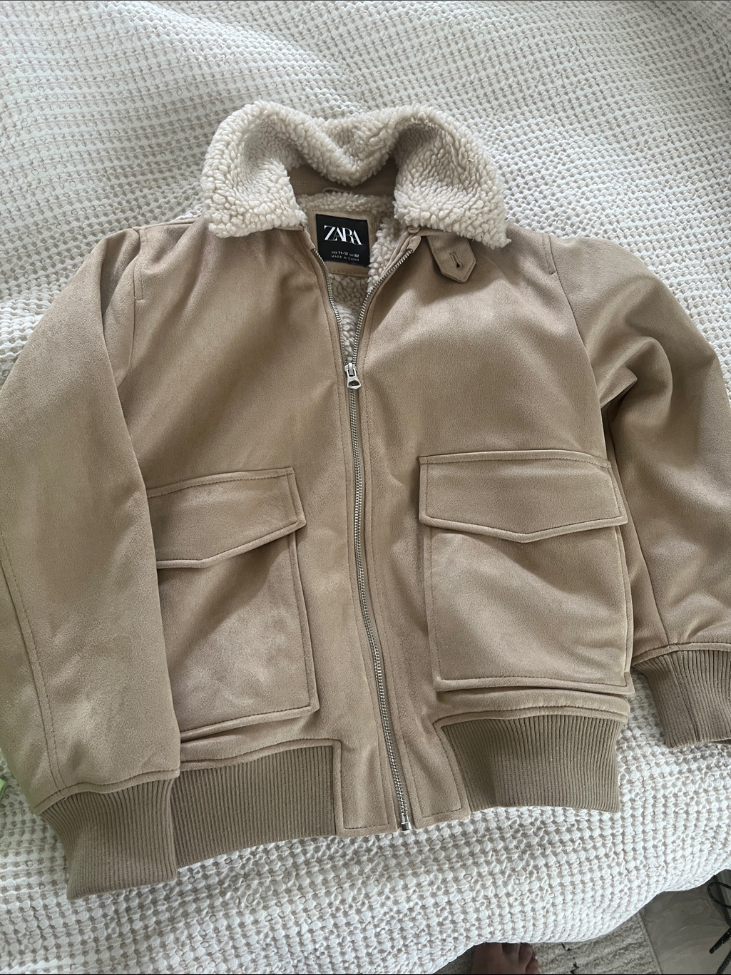 Zara Kids Tan Bomber Jacket With Cream Sherpa Collar